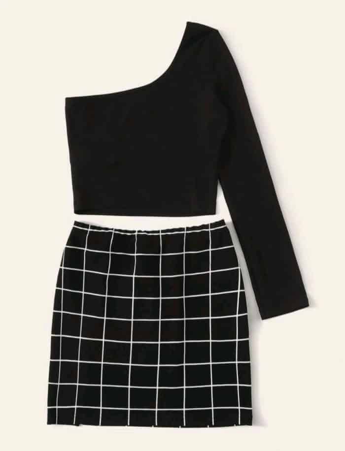 SHEIN One-Shoulder Crop Top & Grid Mini Skirt Set - Image 5