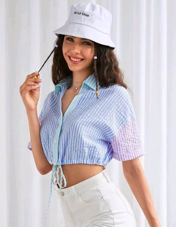 SHEIN Color-block Striped Drop Shoulder Drawstring Hem Crop Blouse - Image 3