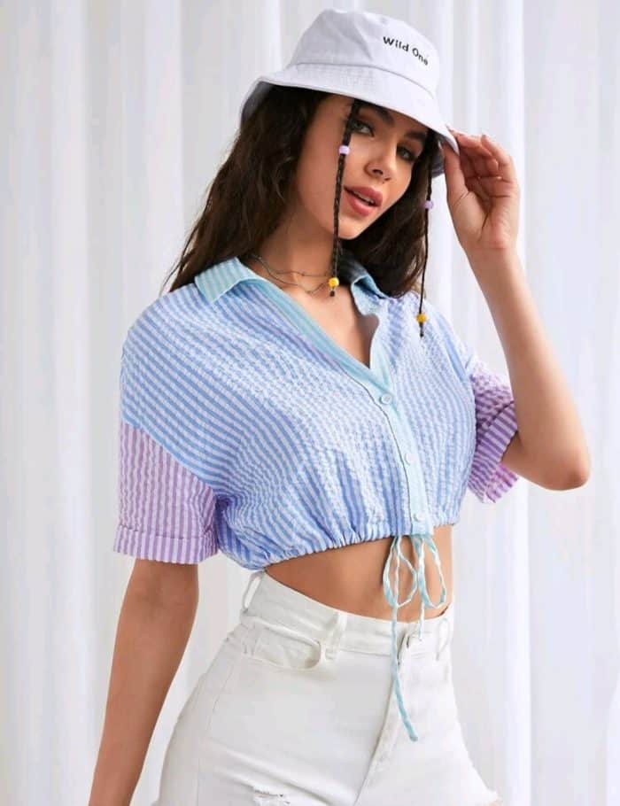 SHEIN Color-block Striped Drop Shoulder Drawstring Hem Crop Blouse - Image 2