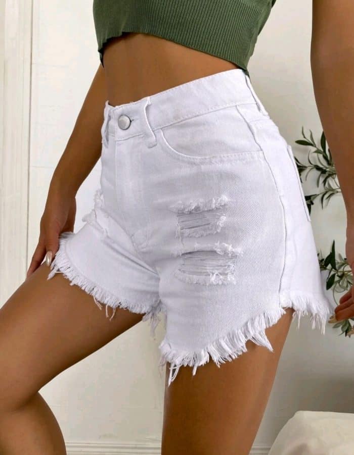 Ripped Detail Raw Hem Denim Shorts
