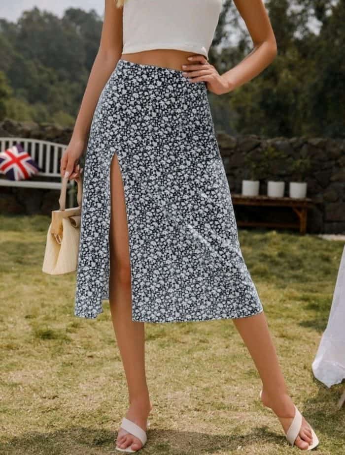 Ditsy Floral Split Thigh Skirt - Image 2