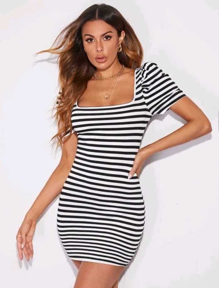 SHEIN Striped Square Neck Bodycon Dress - Image 2