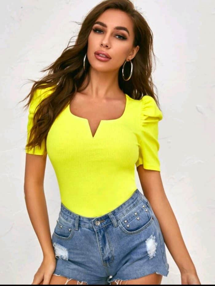 SHEIN Notched Neck Rib-knit Top