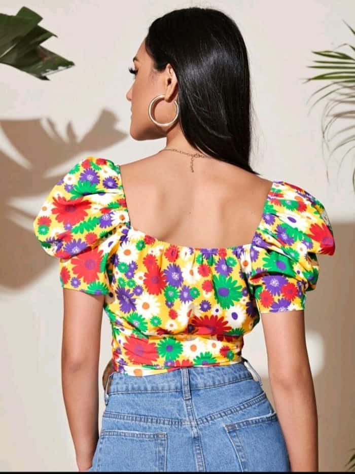 SHEIN Daisy Floral Puff Sleeve Wrap Top - Image 5