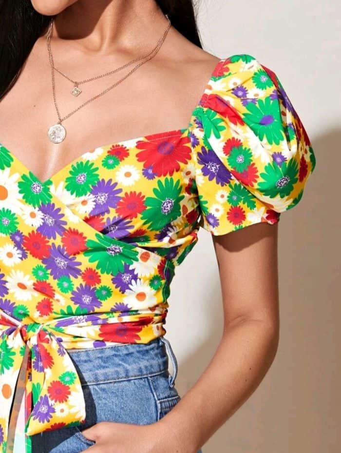 SHEIN Daisy Floral Puff Sleeve Wrap Top - Image 3