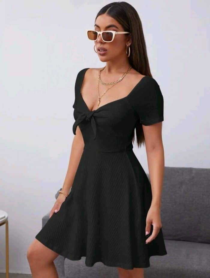 SHEIN Tie Front Rib Knit Dress - Image 4