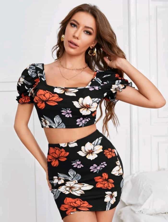SHEIN Floral Print Crop Top & Bodycon Skirt