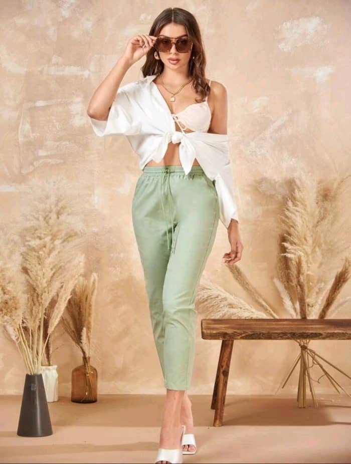 SHEIN Drawstring Waist Solid Pants - Image 2