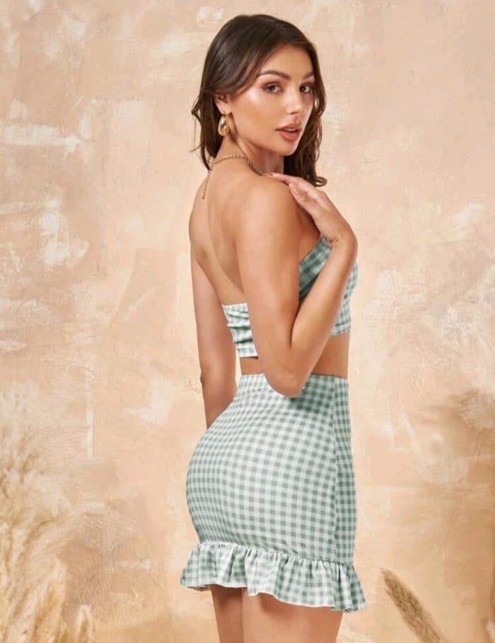 SHEIN Gingham Print Tube Top & Ruffle Trim Skirt Set - Image 4