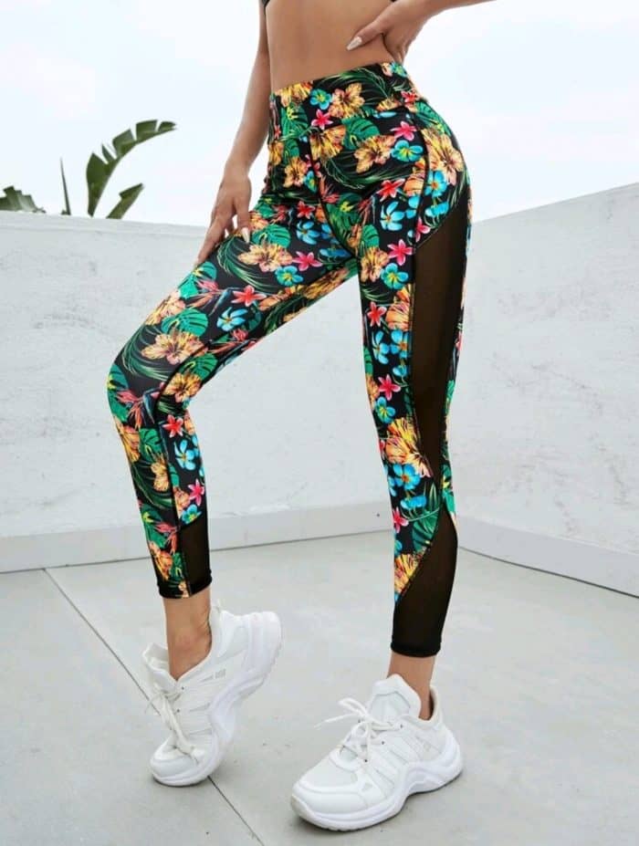 Tropical Print Mesh Insert Sports Leggings