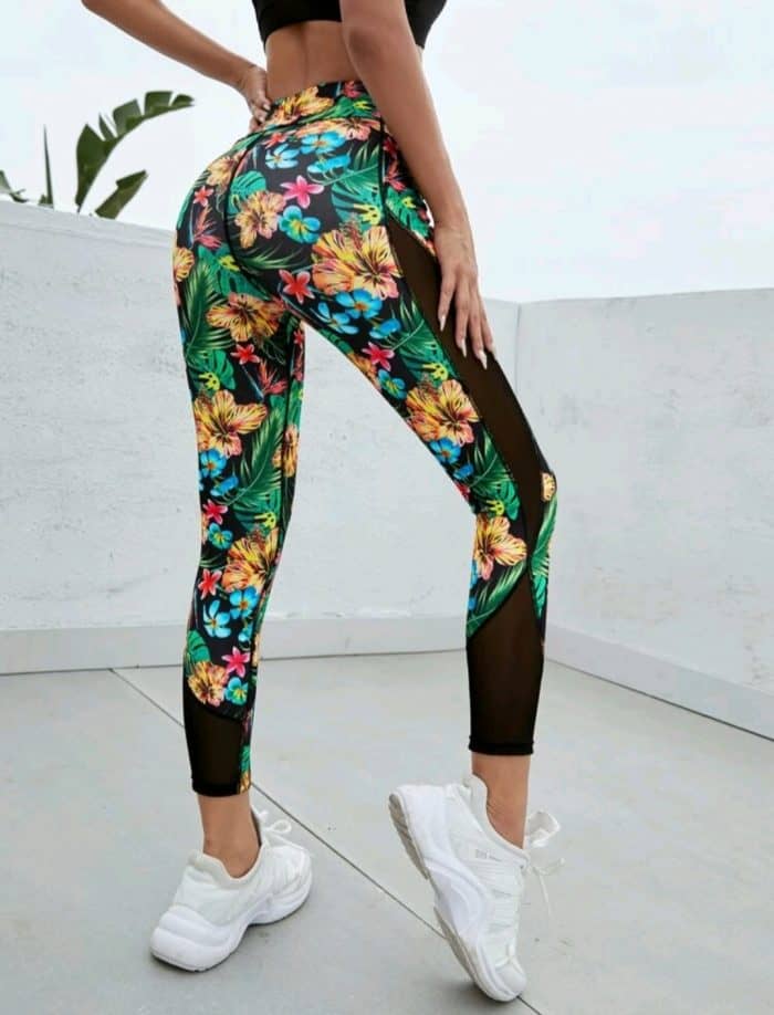 Tropical Print Mesh Insert Sports Leggings - Image 5