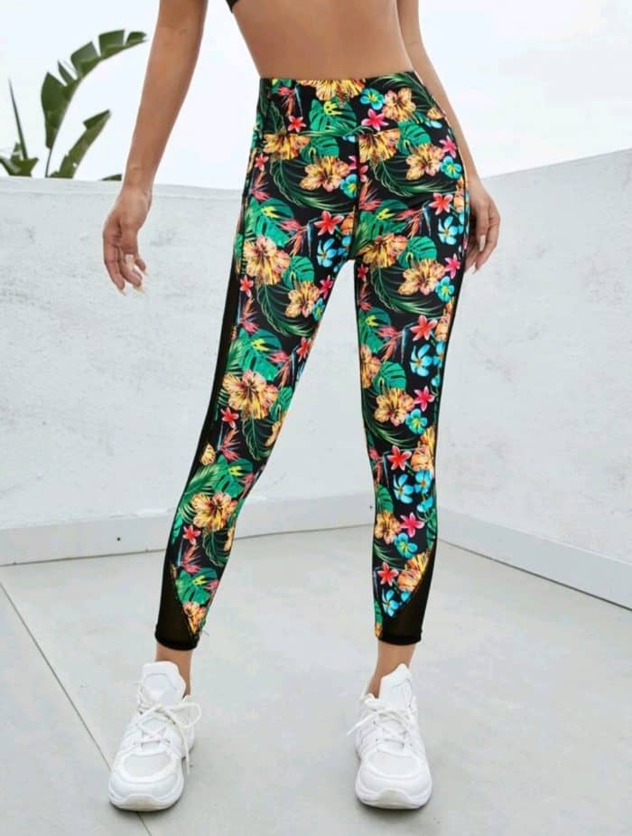 Tropical Print Mesh Insert Sports Leggings - Image 4