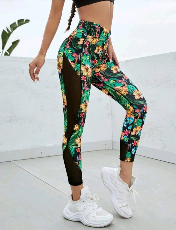 Tropical Print Mesh Insert Sports Leggings - Image 3