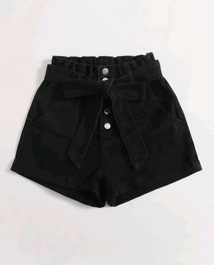 Paperbag Waist Belted Button Fly Denim Shorts