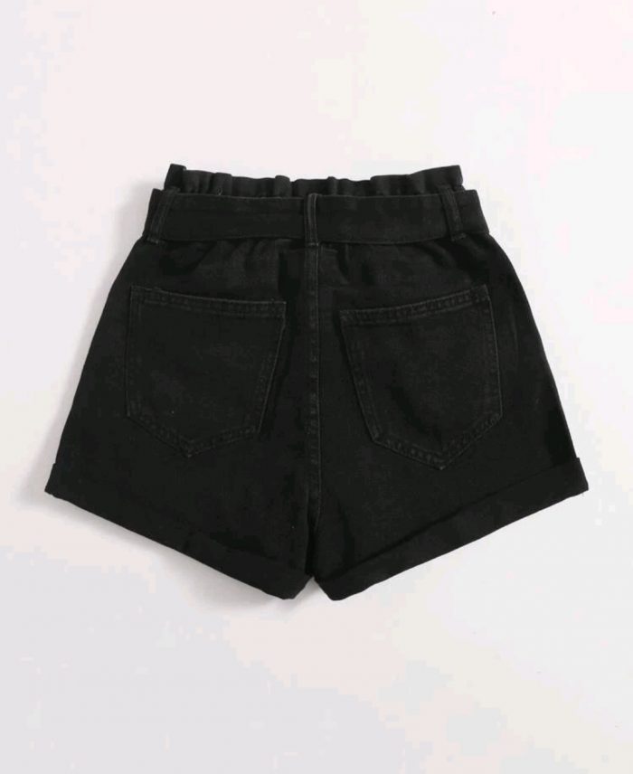 Paperbag Waist Belted Button Fly Denim Shorts - Image 5
