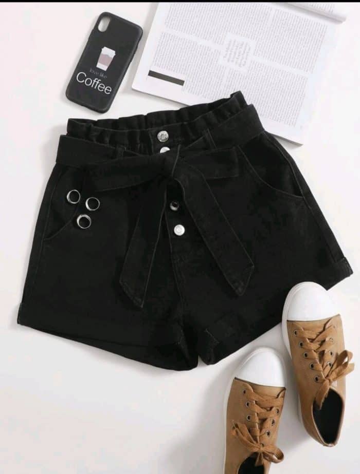 Paperbag Waist Belted Button Fly Denim Shorts - Image 4