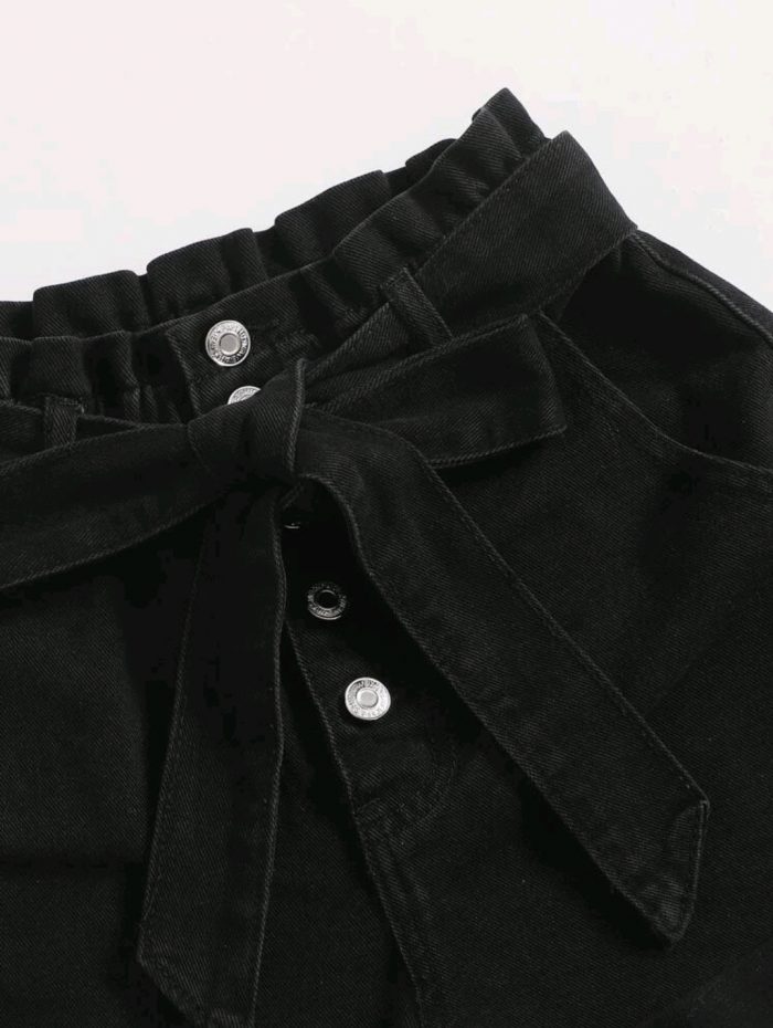 Paperbag Waist Belted Button Fly Denim Shorts - Image 2