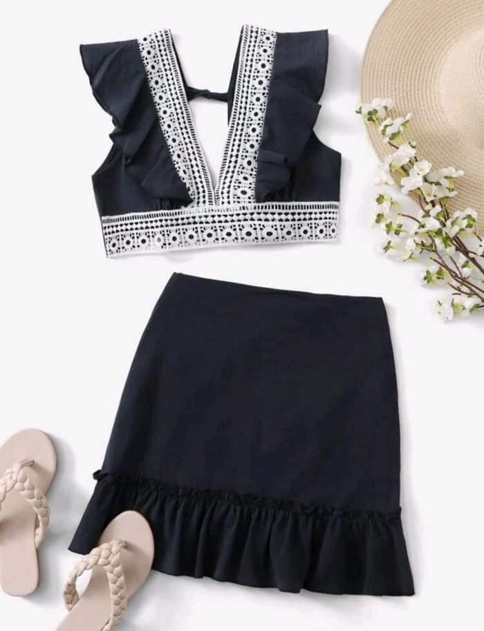 Tie Back Contrast Guipure Lace Ruffle Trim Top With Skirt
