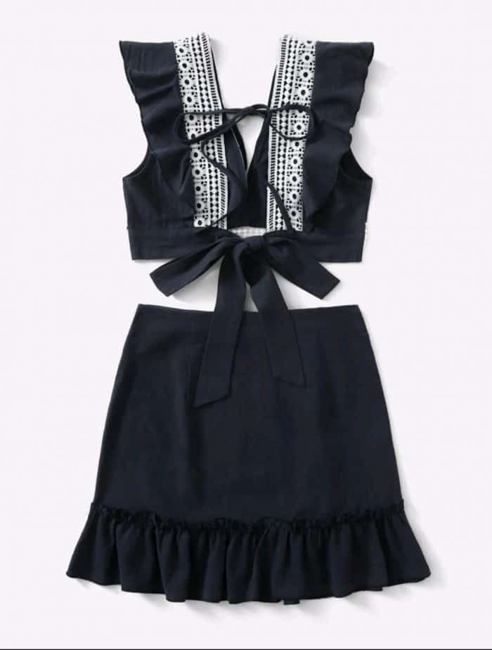 Tie Back Contrast Guipure Lace Ruffle Trim Top With Skirt - Image 6