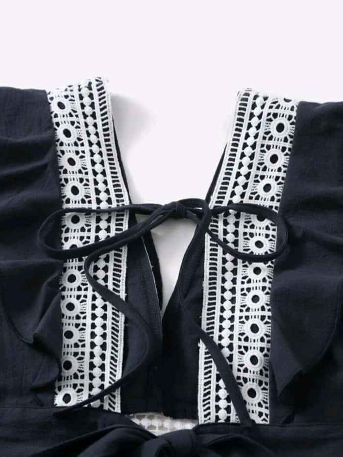 Tie Back Contrast Guipure Lace Ruffle Trim Top With Skirt - Image 5