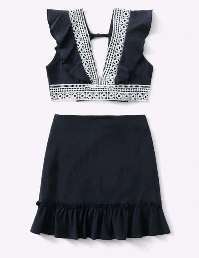 Tie Back Contrast Guipure Lace Ruffle Trim Top With Skirt - Image 2
