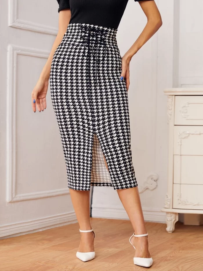 SHEIN Houndstooth Lace Up Waist Pencil Skirt