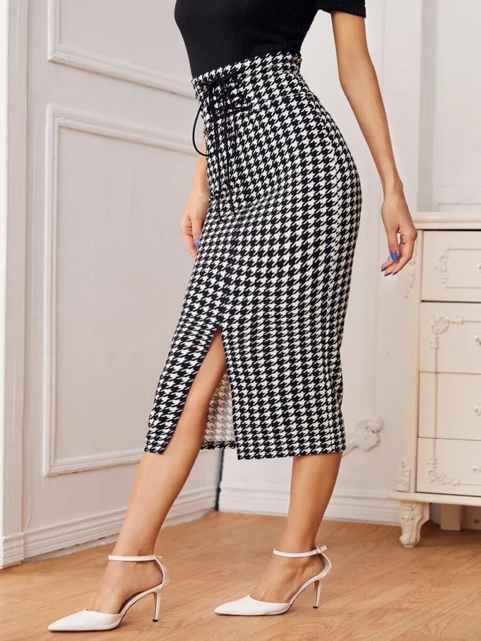 SHEIN Houndstooth Lace Up Waist Pencil Skirt - Image 4