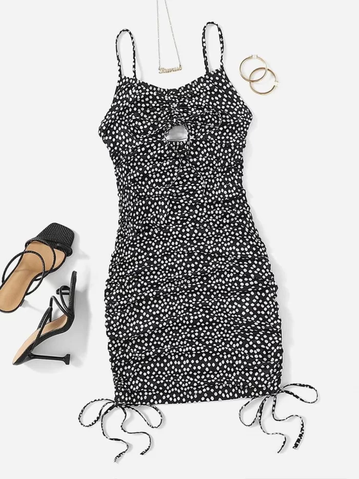 SHEIN Ditsy Floral Cut Out Front Drawstring Bodycon Dress