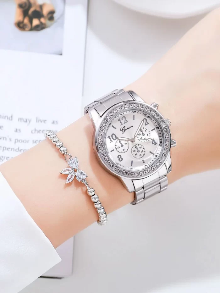 1pc Rhinestone Decor Round Pointer Quartz Watch & 1pc Bracelet