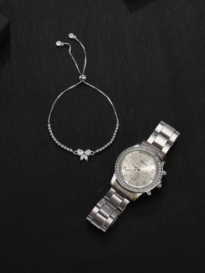 1pc Rhinestone Decor Round Pointer Quartz Watch & 1pc Bracelet - Image 2