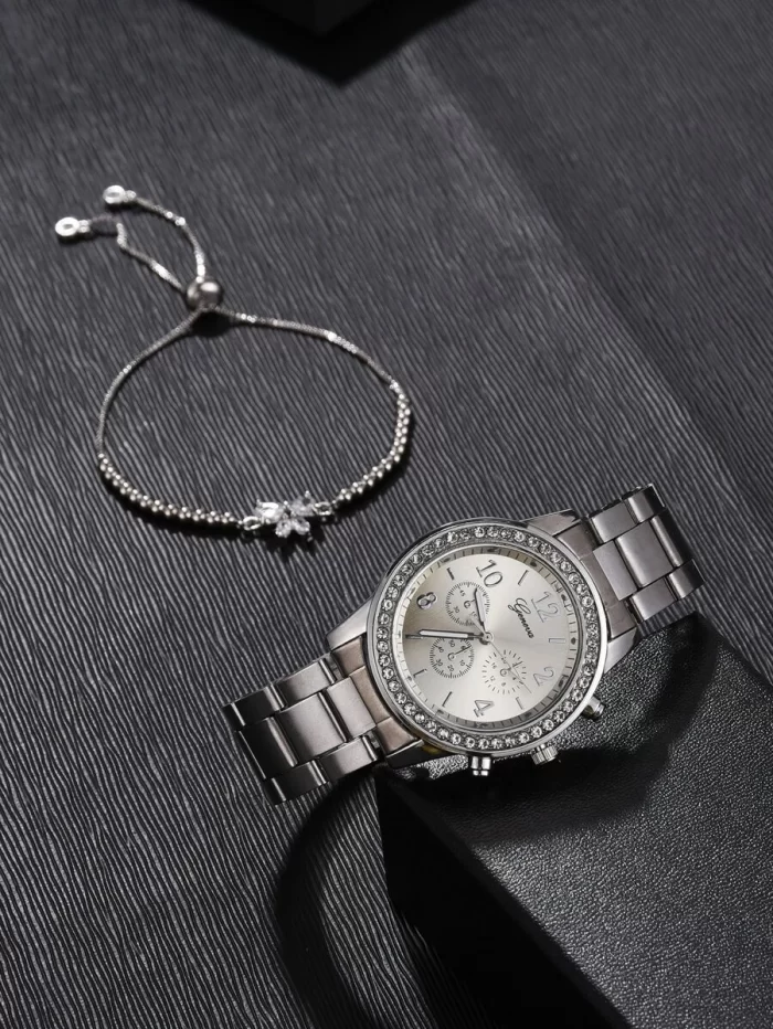 1pc Rhinestone Decor Round Pointer Quartz Watch & 1pc Bracelet - Image 3