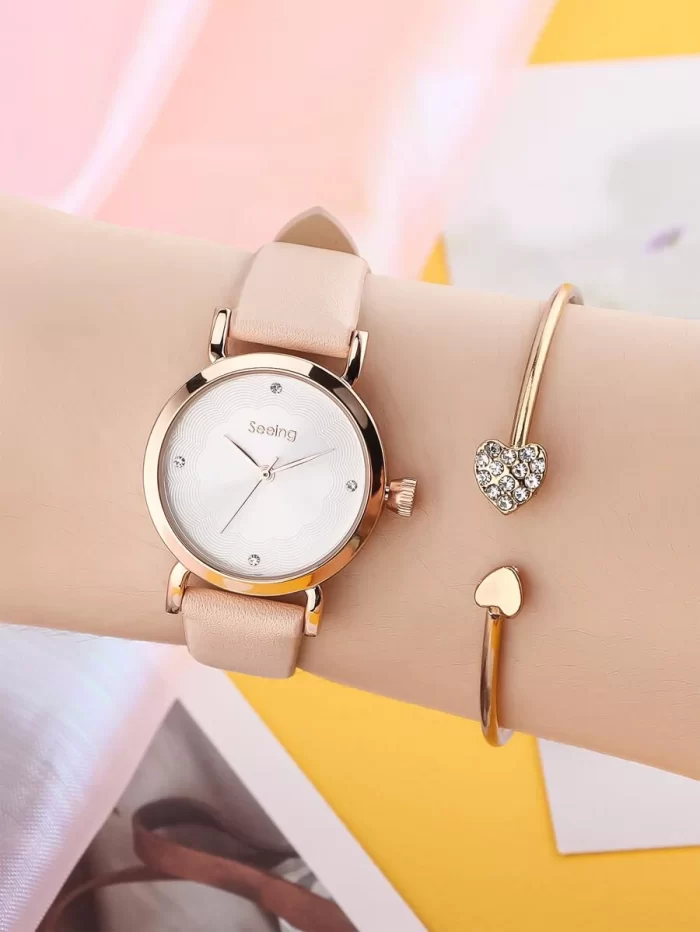 1pc Minimalist Round Pointer Quartz Watch & 1pc Bracelet