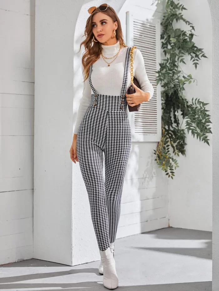 Houndstooth Criss Cross Back High Waisted Skinny Pinafore Jumpsuit