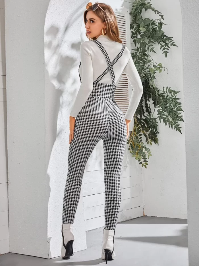 Houndstooth Criss Cross Back High Waisted Skinny Pinafore Jumpsuit - Image 2