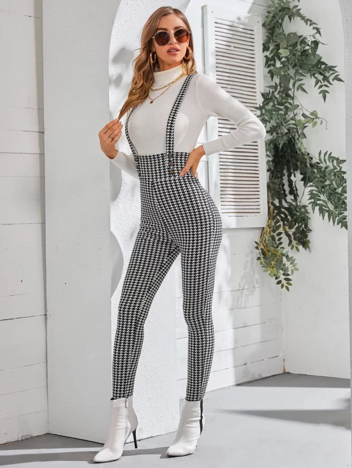 Houndstooth Criss Cross Back High Waisted Skinny Pinafore Jumpsuit - Image 3
