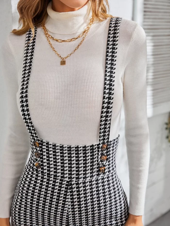 Houndstooth Criss Cross Back High Waisted Skinny Pinafore Jumpsuit - Image 5