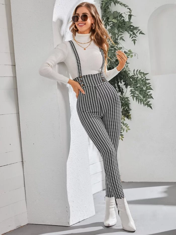 Houndstooth Criss Cross Back High Waisted Skinny Pinafore Jumpsuit - Image 4