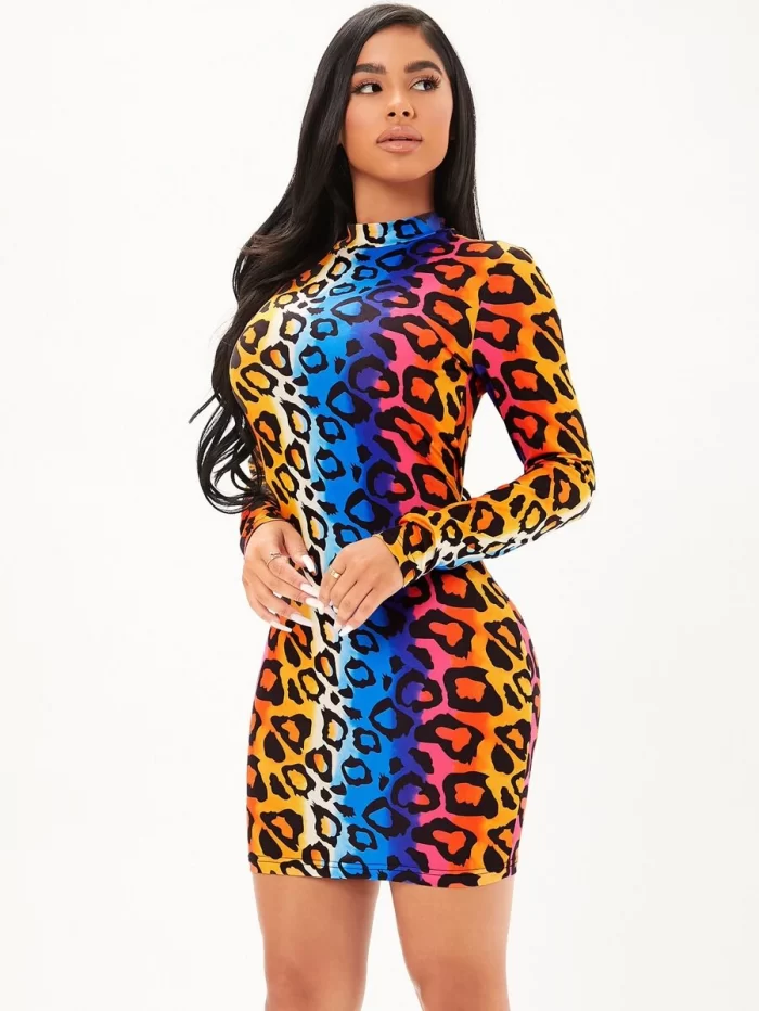 SHEIN SXY Ombre Leopard Print Mock Neck Bodycon Dress - Image 3