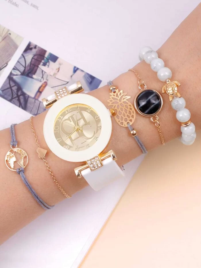 1pc Rhinestone Decor Round Pointer Watch & 5pcs Bracelet