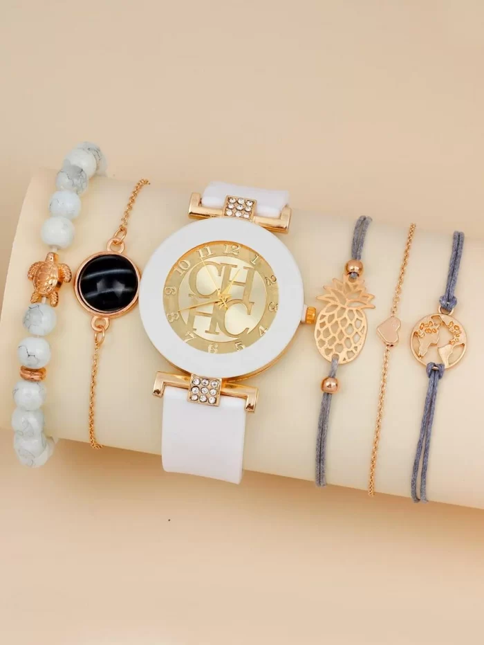 1pc Rhinestone Decor Round Pointer Watch & 5pcs Bracelet - Image 2