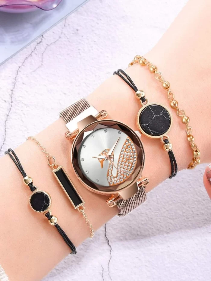 1pc Rhinestone Swan Dial Watch & 4pcs Bracelet