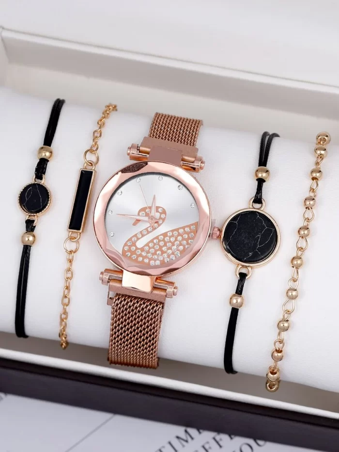 1pc Rhinestone Swan Dial Watch & 4pcs Bracelet - Image 2
