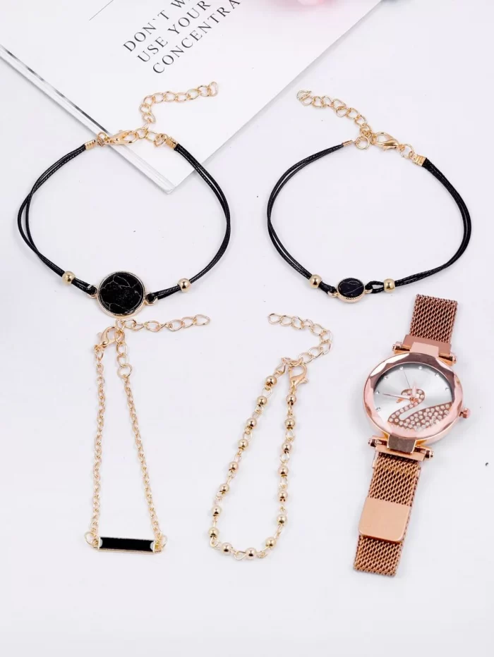 1pc Rhinestone Swan Dial Watch & 4pcs Bracelet - Image 3