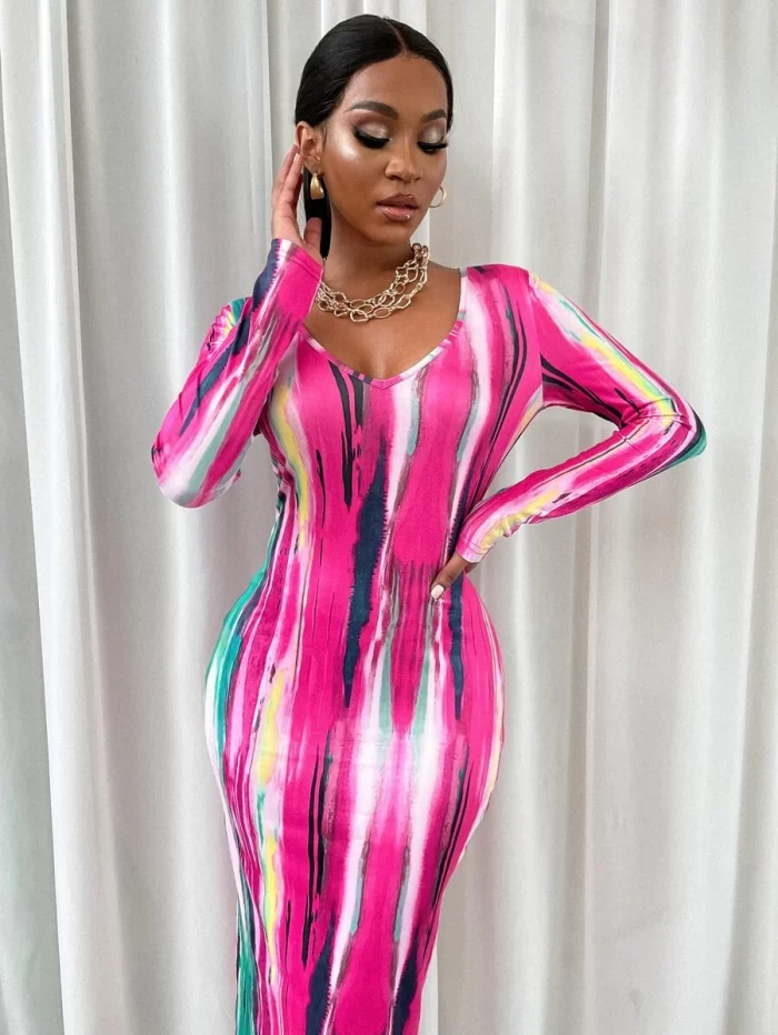 SHEIN SXY Tie Dye Plunging Neck Bodycon Dress - Image 5