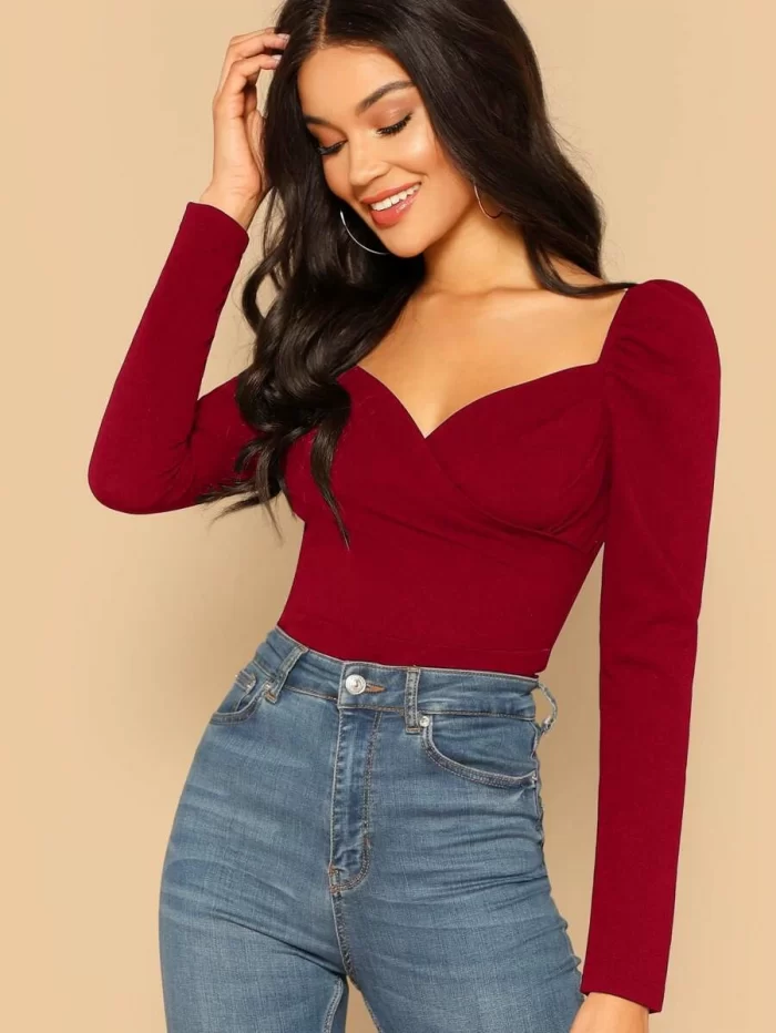 SHEIN Sweetheart Wrap Puff Sleeve Top
