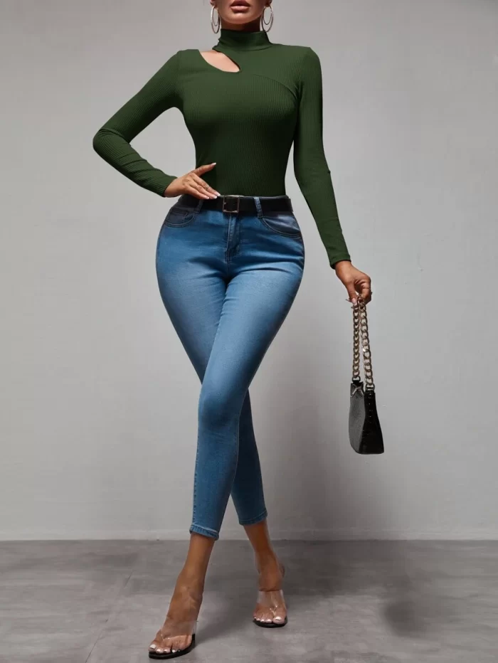 SHEIN SXY Turtleneck Cut Out Ribbed Knit Tee - Image 4