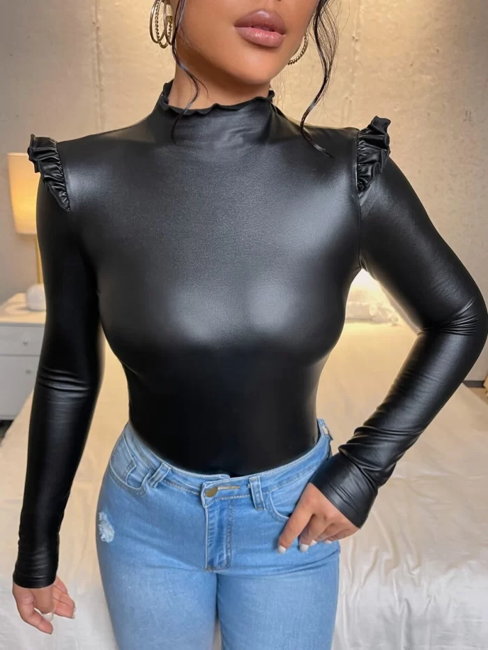 SHEIN Mock Neck Ruffle Trim PU Leather Tee
