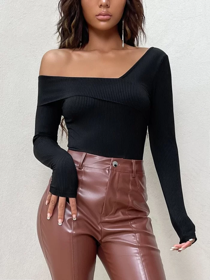 Asymmetrical Neck Slim Fit Ribbed Knit Bodysuit - Image 3
