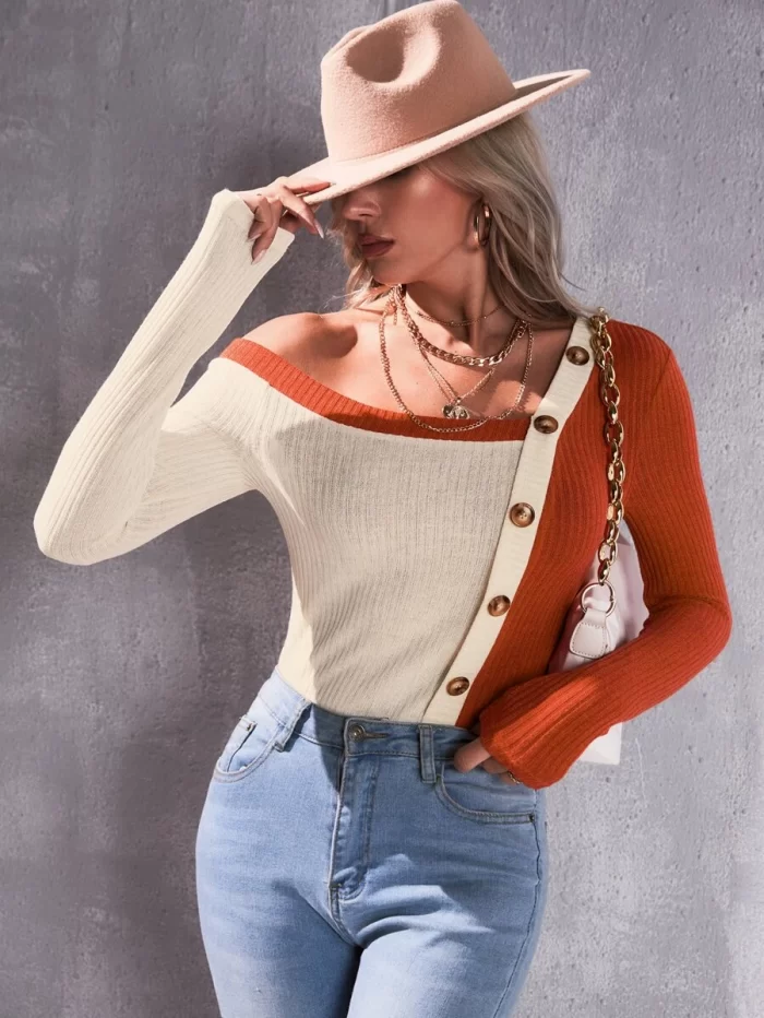 Color Block Asymmetrical Neck Fake Button Tee