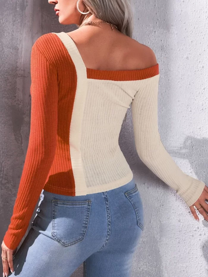 Color Block Asymmetrical Neck Fake Button Tee - Image 2